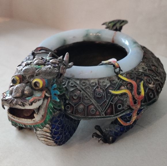 Chinese Export Dragon Ashtray Sterling Silver Enamel Jade Rim 332gr - Picture 11 of 16
